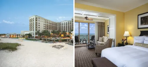 Exterior of the Sandpearl Resort and surrounding beach (left) and bedroom with balcony opening up to the beach and ocean (right)